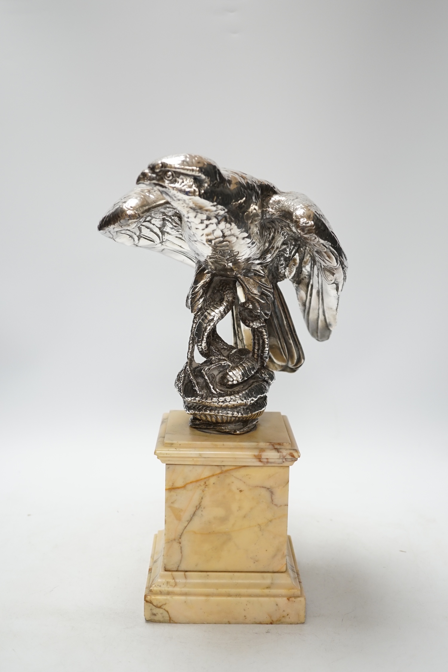 A silvered bronze falcon and serpent group, on marble pedestal, 37cm - Image 2 of 3