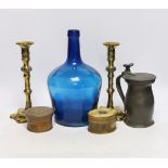 A pair of 18th century brass candlesticks, a blue glass flagon, a horn snuff box, etc. candle sticks