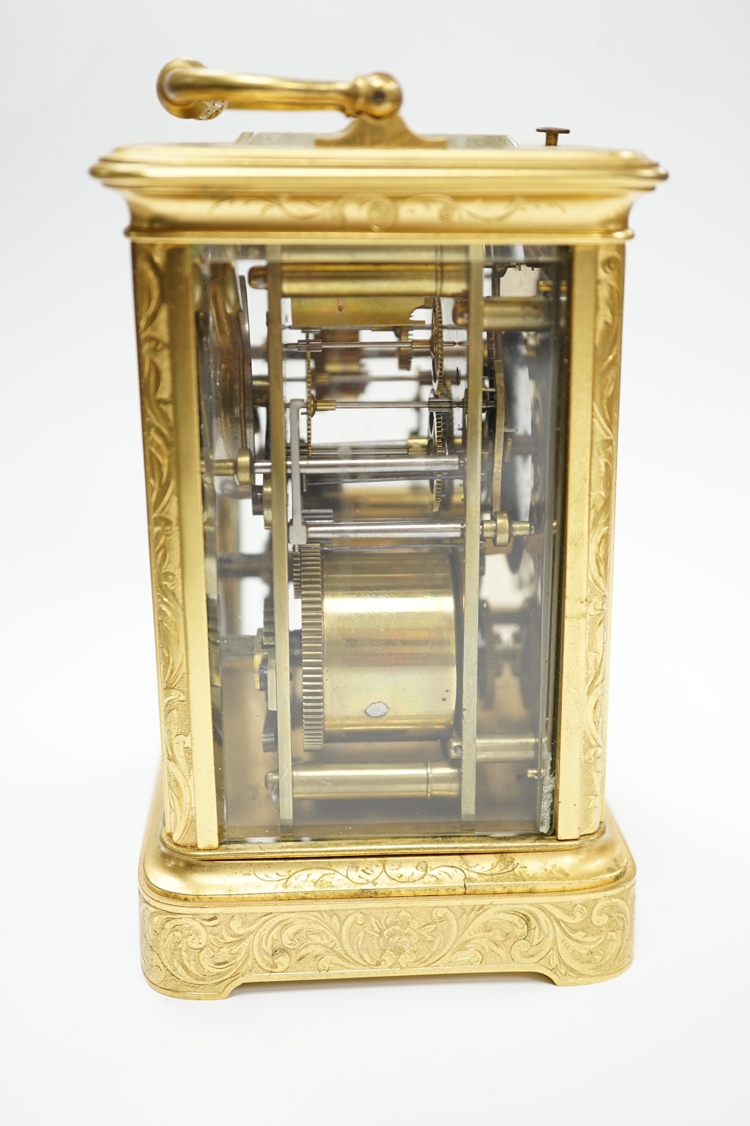 A late 19th century engraved brass cased repeating alarm carriage clock, with Russian retailer, - Image 4 of 5