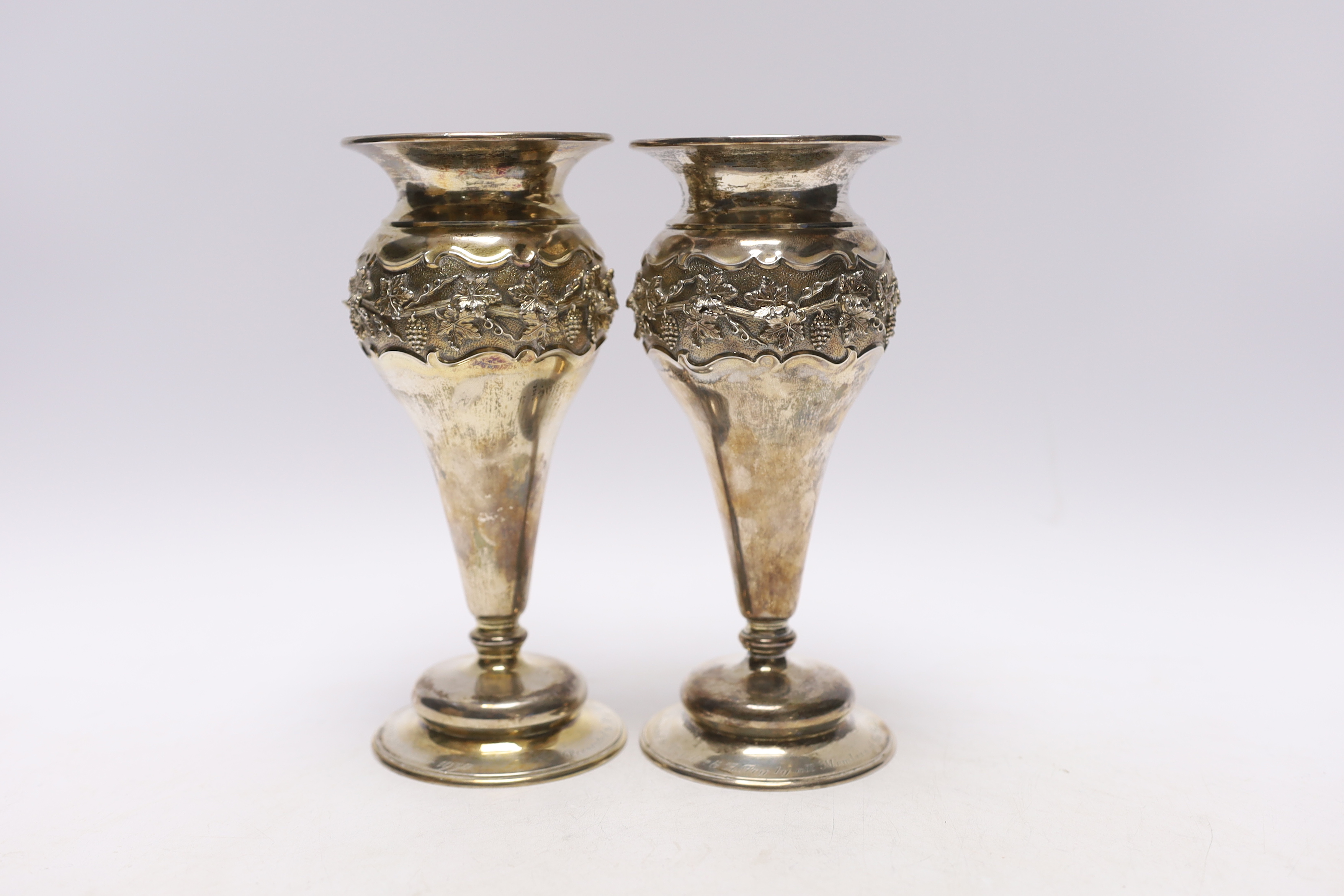 A pair of George V silver mounted posy vases, with engraved presentation inscriptions, London, 1912, - Image 2 of 3