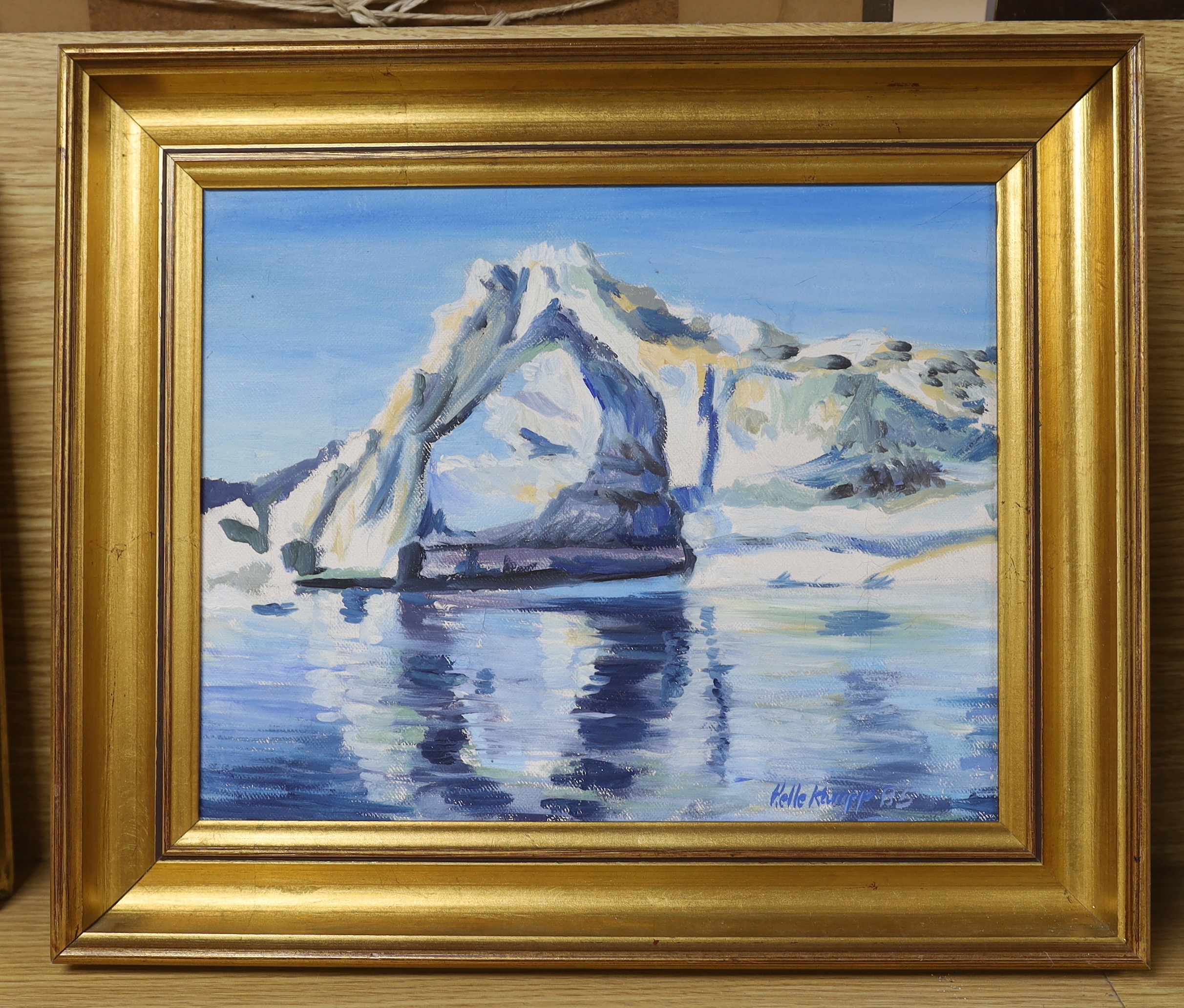 Oil on canvas, Greenland ice arch, indistinctly signed and dated '85, inscribed postcard verso, 23 x - Image 2 of 3