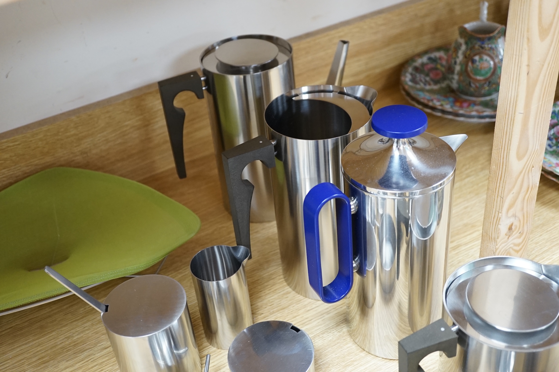 A thirteen piece suite of Arne Jacobsen stainless steel cylinder ware, coffee pot 24cm high - Image 6 of 6