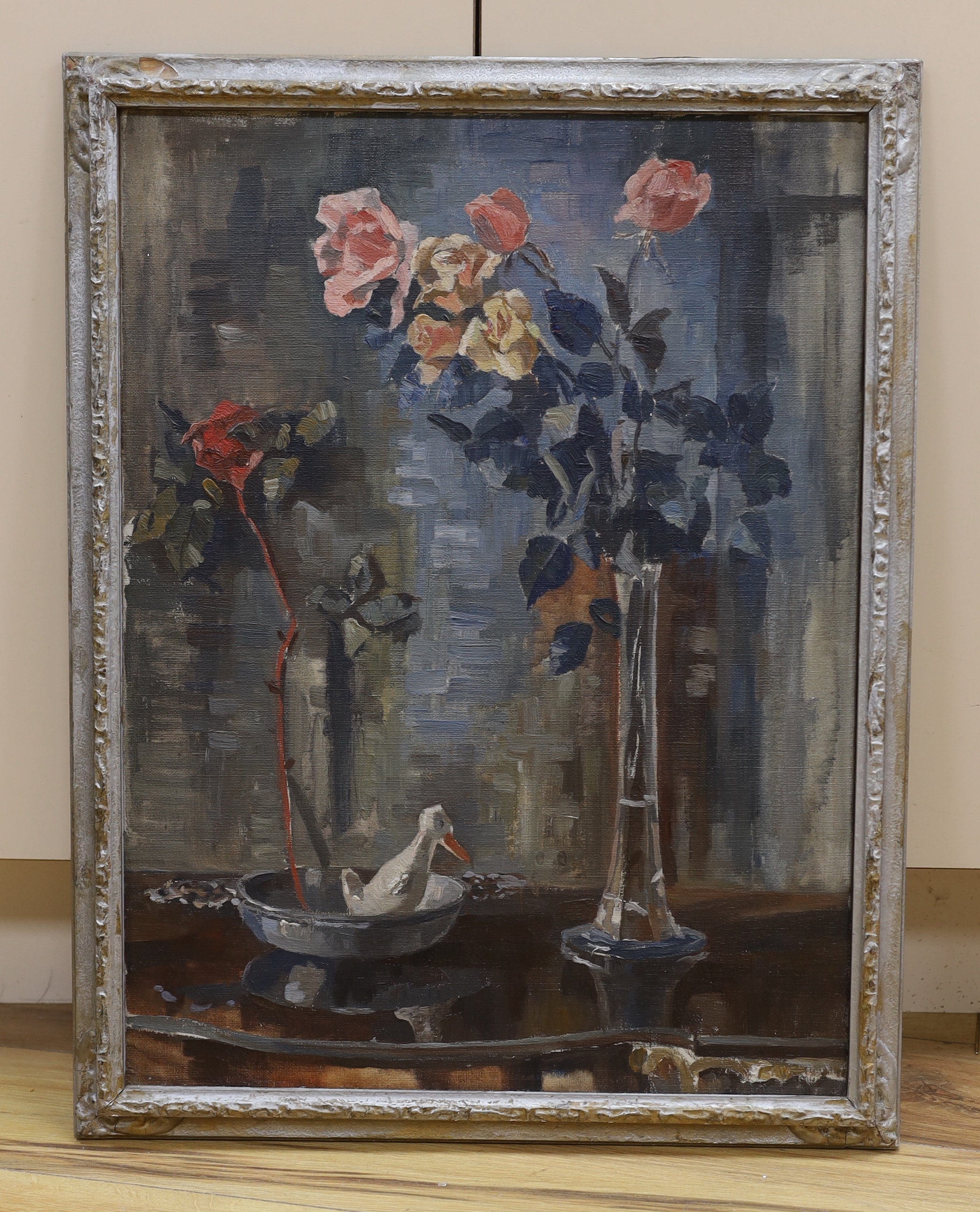 Count Michael de Torby (1898-1959), oil on canvas, Still life of roses, unsigned, various labels and - Image 2 of 5