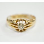 A George V 18ct gold and claw set solitaire diamond ring, size Q, gross weight 4.9 grams.