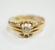 A George V 18ct gold and claw set solitaire diamond ring, size Q, gross weight 4.9 grams.