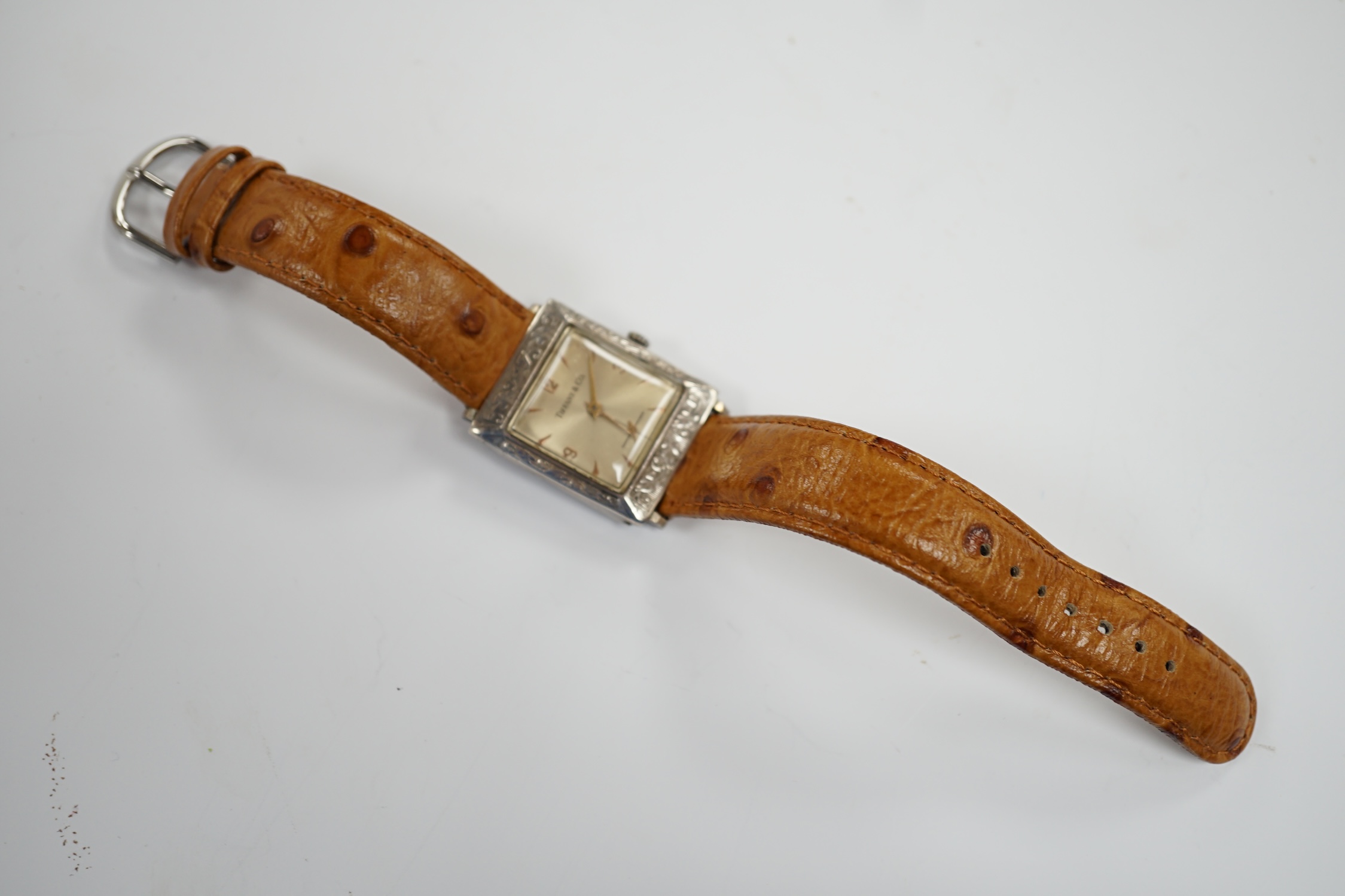 A German sterling manual wind dress wrist watch, retailed by Tiffany & Co, with baton and - Image 2 of 3