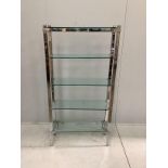 A contemporary chrome and glass four tier shelf unit, width 92cm, depth 31cm, height 175cm