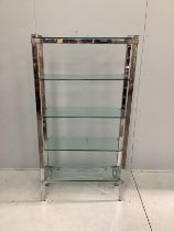 A contemporary chrome and glass four tier shelf unit, width 92cm, depth 31cm, height 175cm