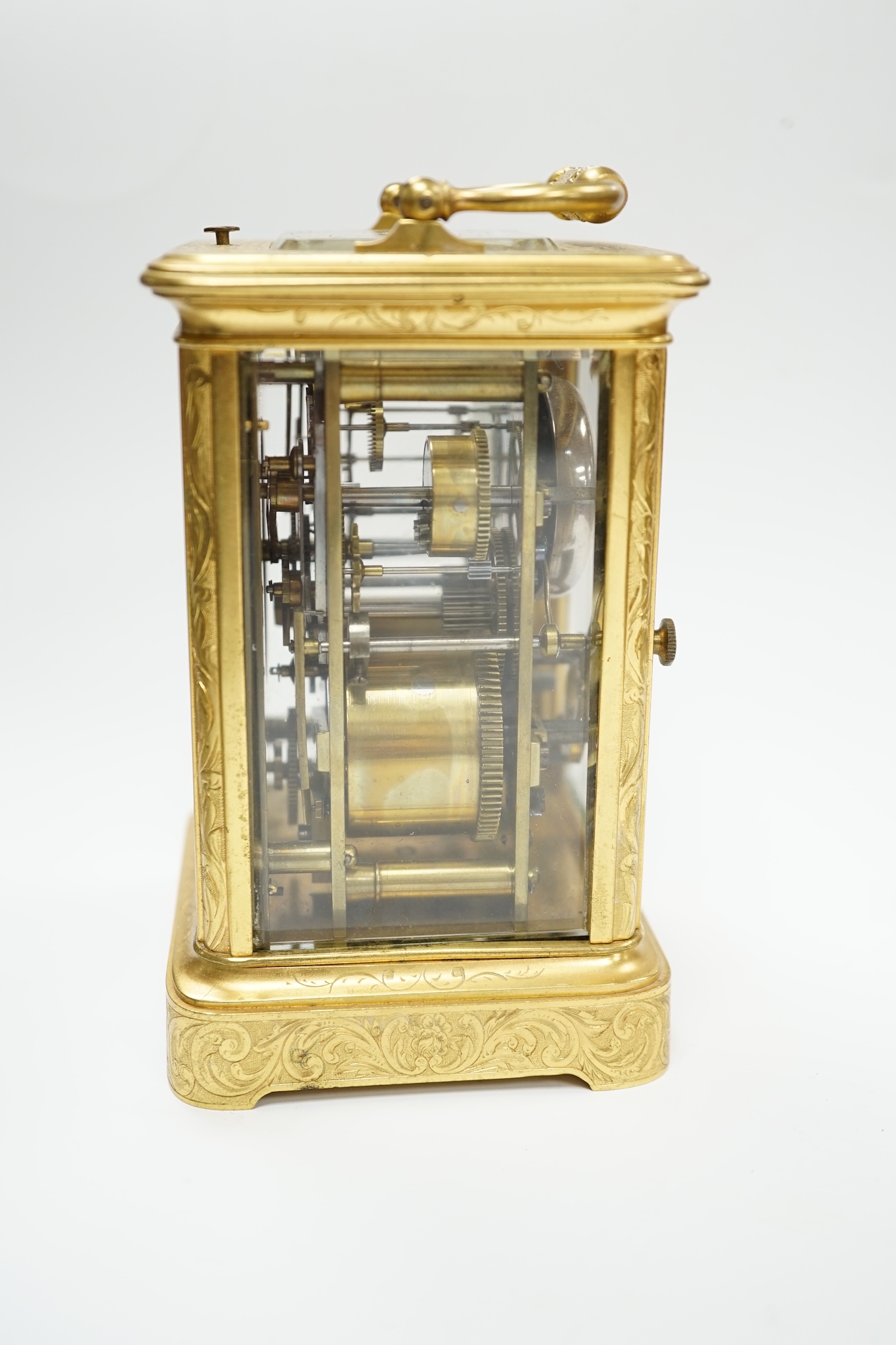 A late 19th century engraved brass cased repeating alarm carriage clock, with Russian retailer, - Image 2 of 5