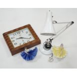 An Art Deco style wall timepiece, an anglepoise lamp and two Doulton figurines