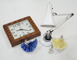 An Art Deco style wall timepiece, an anglepoise lamp and two Doulton figurines