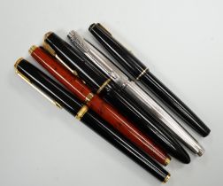 A Parker white metal fountain pen and four other Parker fountain pens, the vendor being an ex-Parker