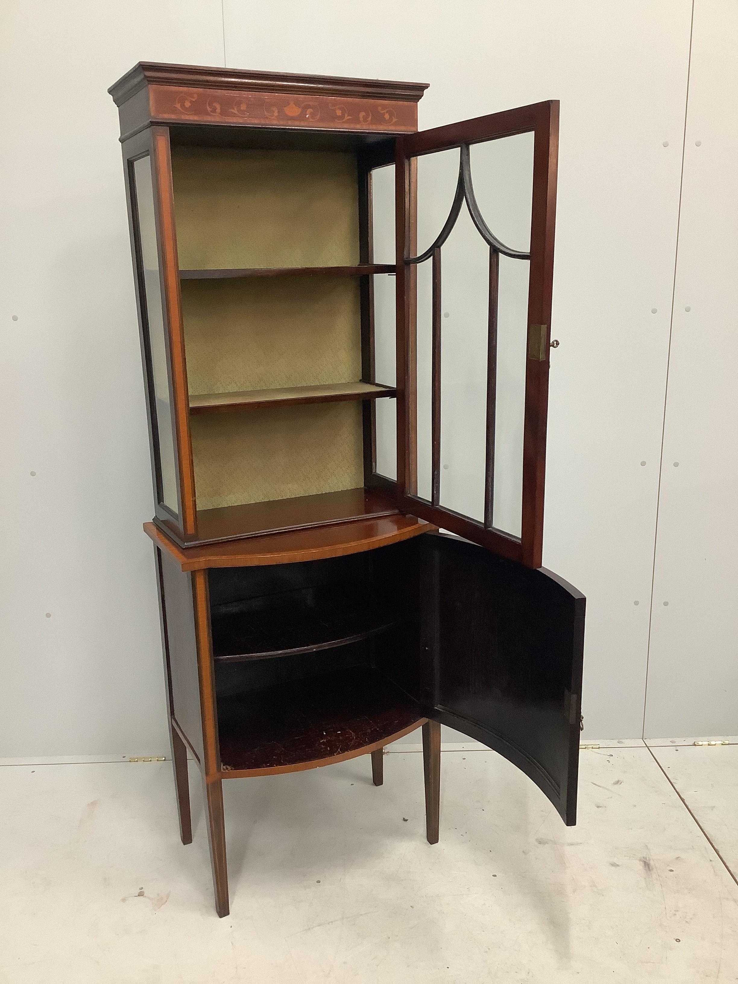 An Edwardian inlaid mahogany bowfront display cabinet, width 66cm, depth 42cm, height 185cm - Image 2 of 2