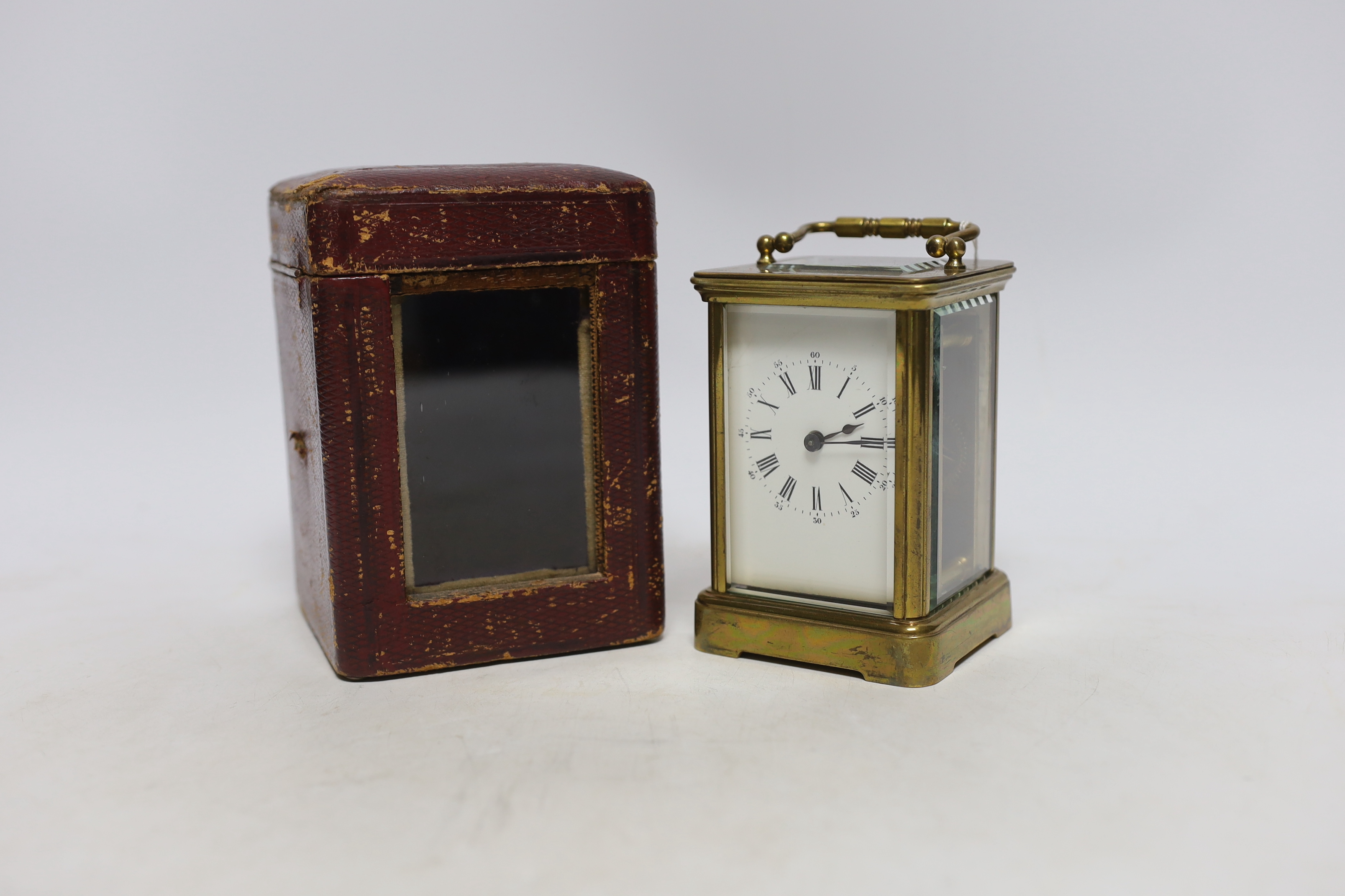 A cased brass carriage timepiece, 11.5cm
