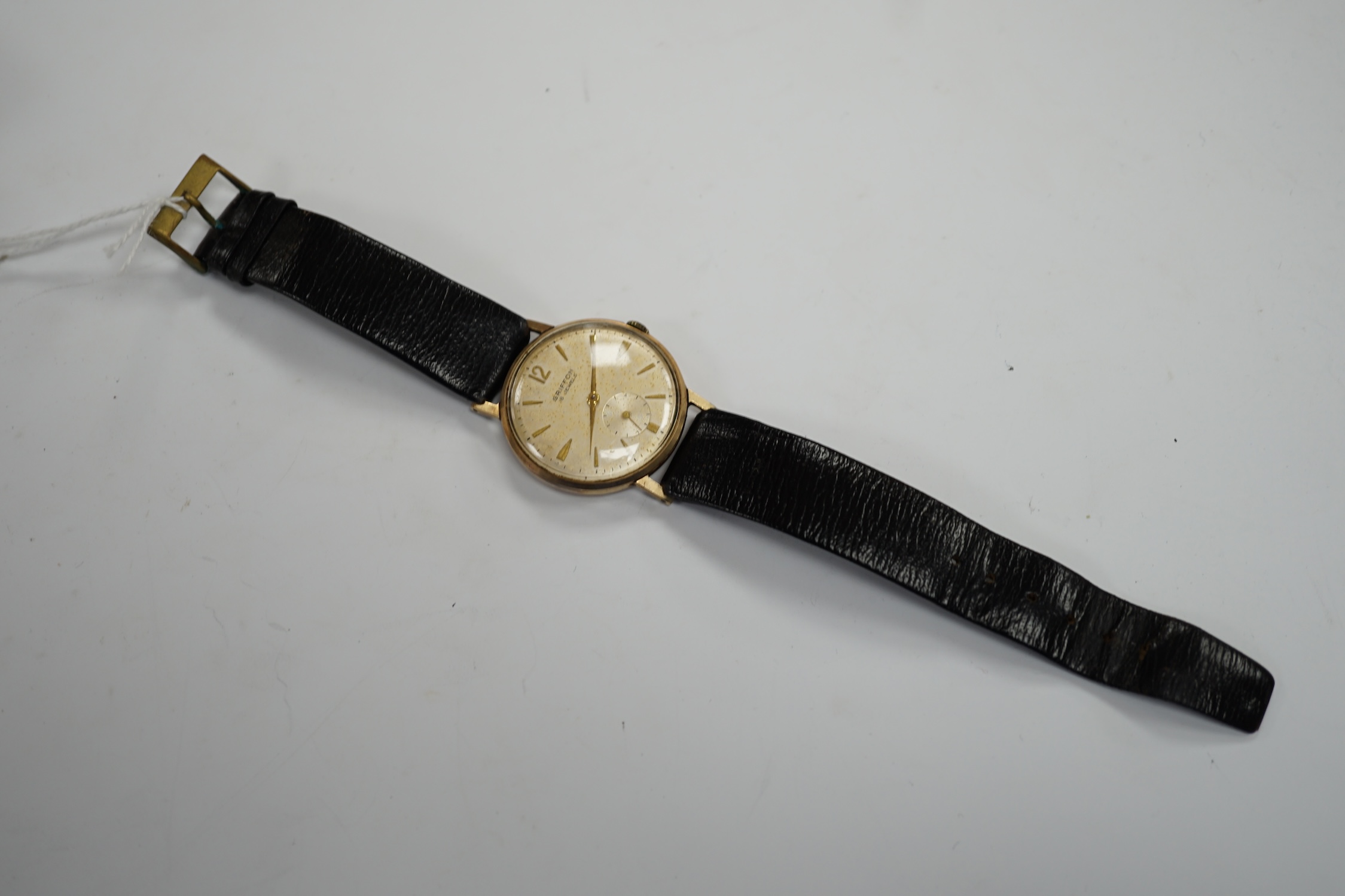 A gentleman's Swiss 9ct gold Griffon manual wind wrist watch, on a leather strap. - Image 3 of 4