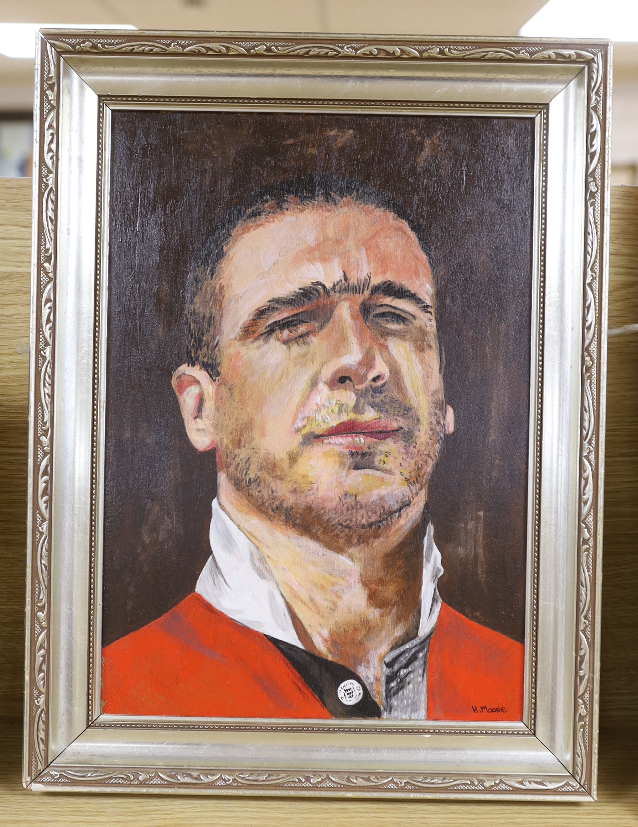 H. Moore, oil on board, Portrait of Eric Cantona, signed 34 x 24cm - Image 2 of 3