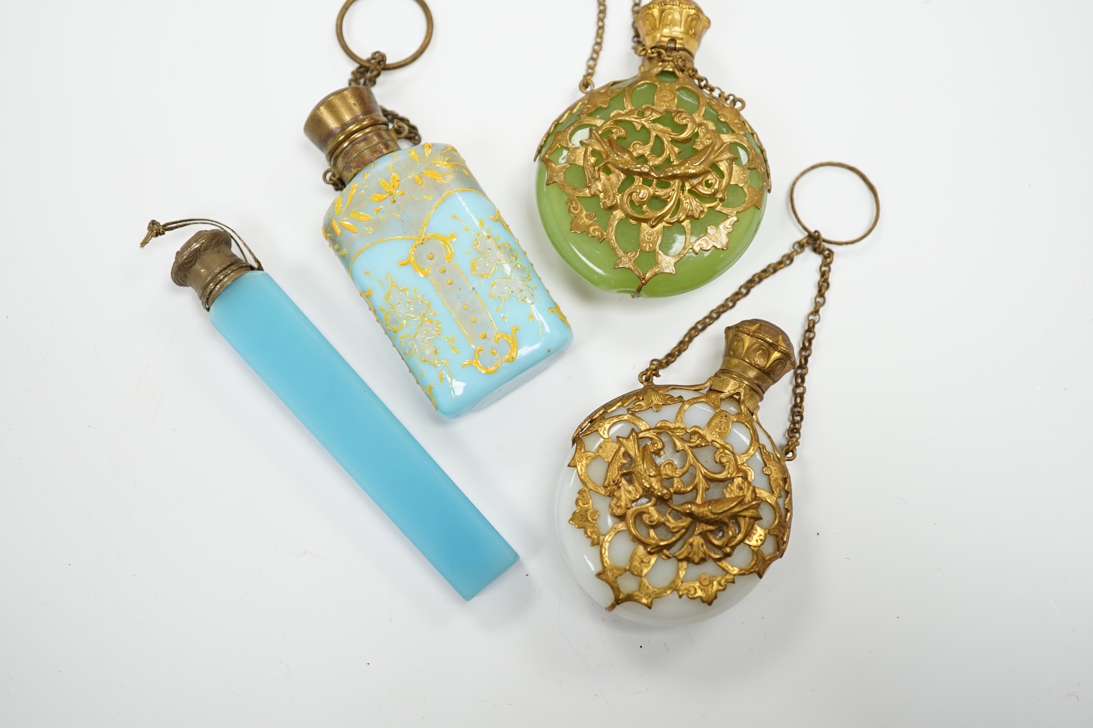 A group of four glass scent bottles with gilt metal mounts, largest 9cm high - Image 3 of 4