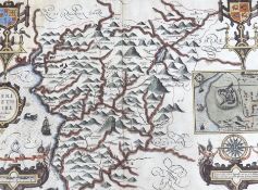 John Speed (1552-1629), hand coloured map of Merionethshire, sold by George Humble, text verso, 39 x