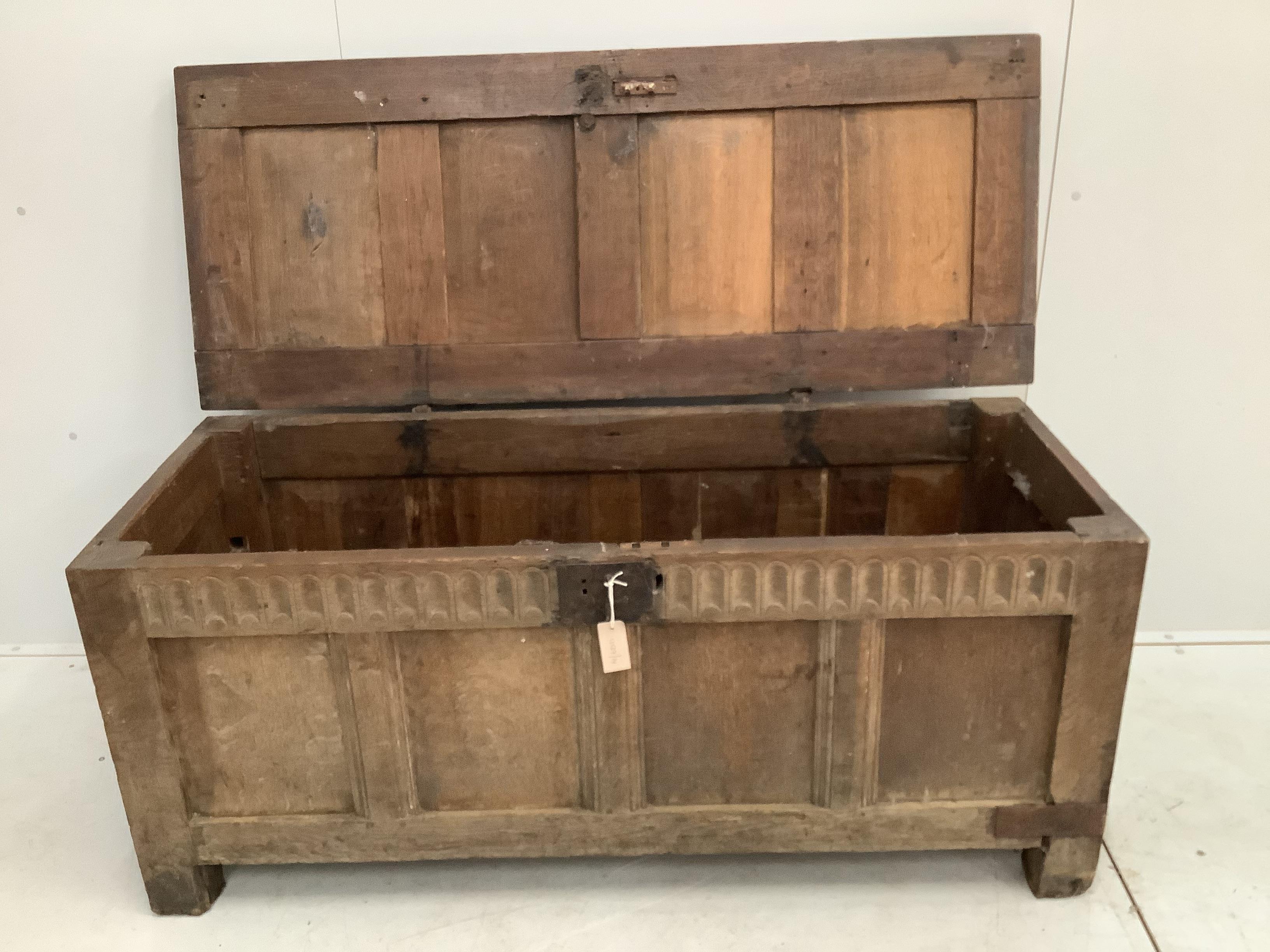 An 18th century and later oak coffer, width 143cm, depth 58cm, height 64cm - Image 2 of 2