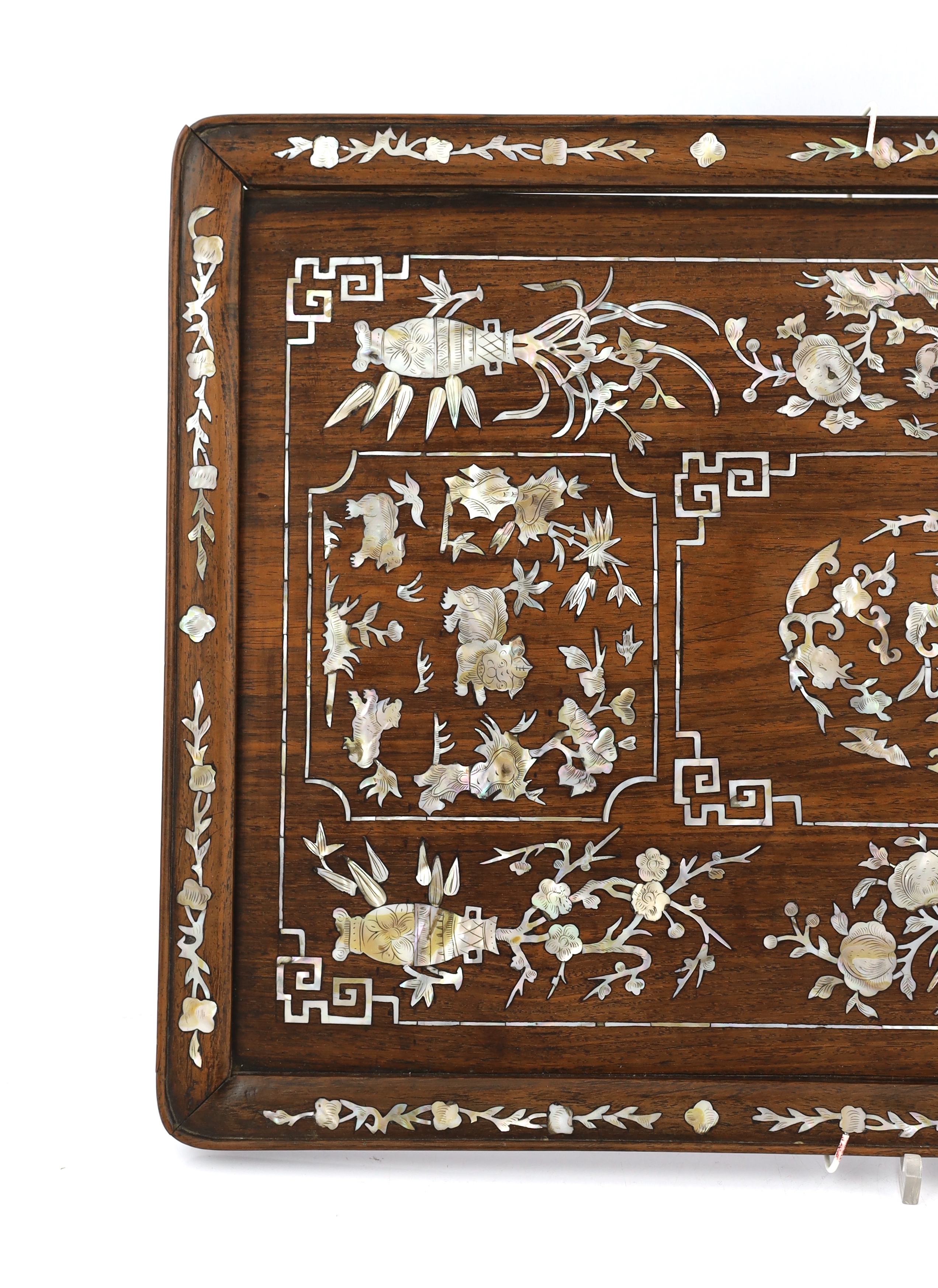 A Chinese hongmu and mother of pearl inlaid tray, late 19th century, decorated with lion cubs, - Image 2 of 6