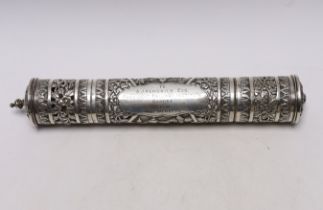 A mid 20th century Indian pierced white metal presentation scroll case to 'To A.J. Kendrick Esq.