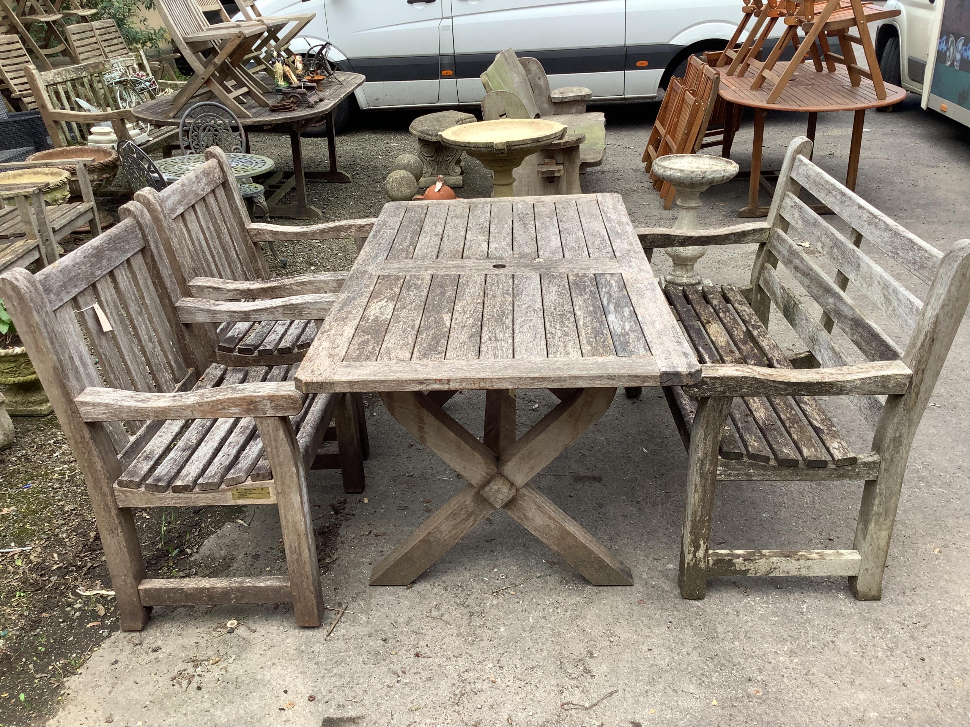 A rectangular weathered teak garden table, width 152cm, depth 86cm, height 74cm, together with a - Image 2 of 2