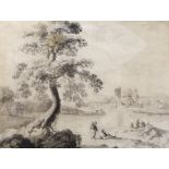 18th century Dutch, old master, ink and wash, Landscape with figures before a church, mounted, 16