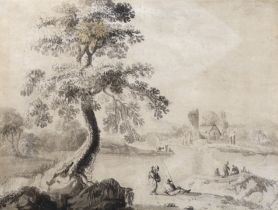 18th century Dutch, old master, ink and wash, Landscape with figures before a church, mounted, 16