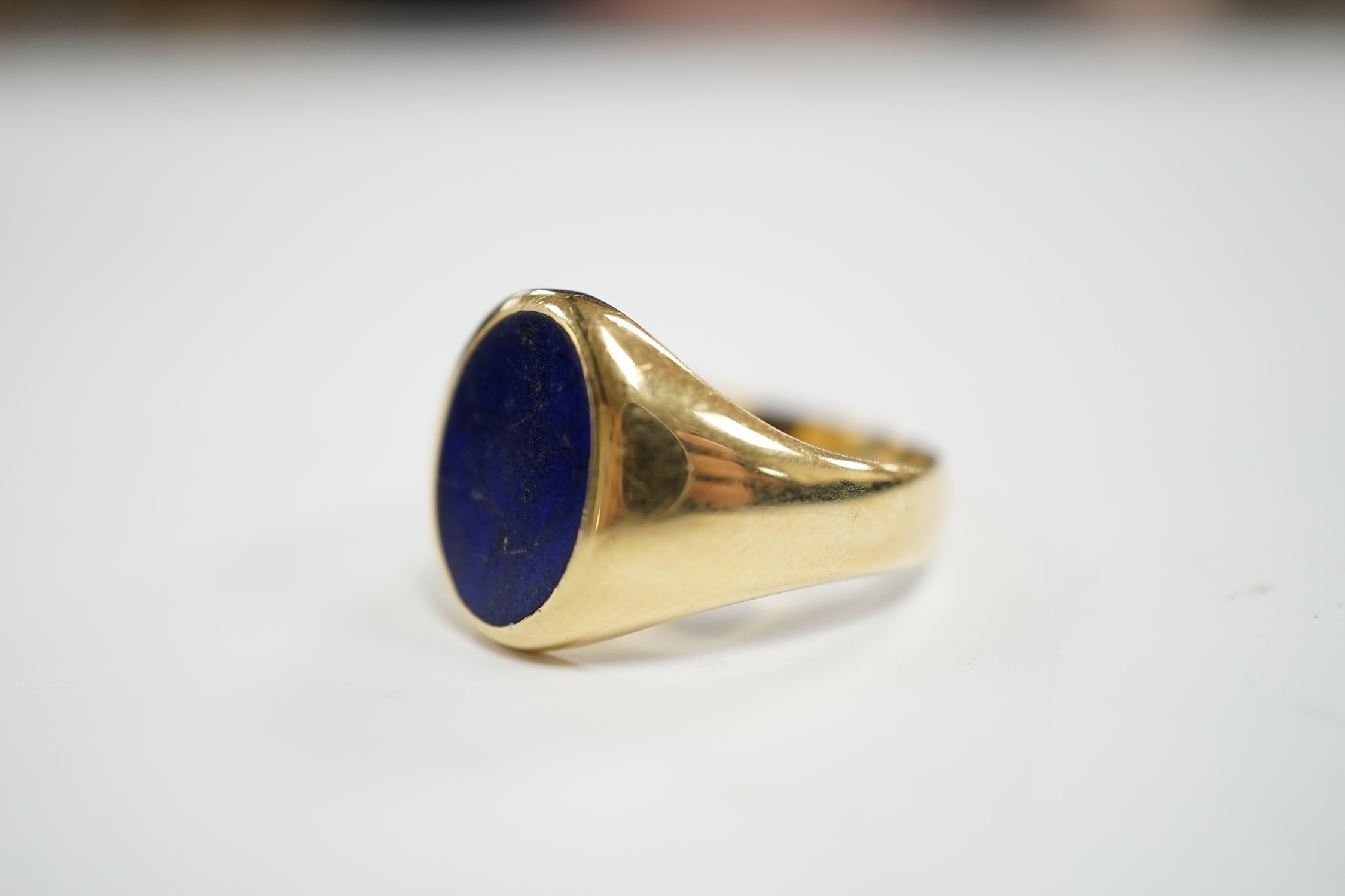 A George V 18ct gold and oval lapis lazuli set signet ring, hallmarked for Chester, 1915, size U, - Image 2 of 4