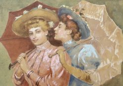 Early 20th century, heightened watercolour, Two Edwardian ladies, monogrammed TS, 17 x 24cm
