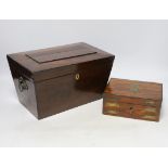 A small 19th century brass mounted padouk box and a Regency mahogany tea caddy, largest 30cm wide