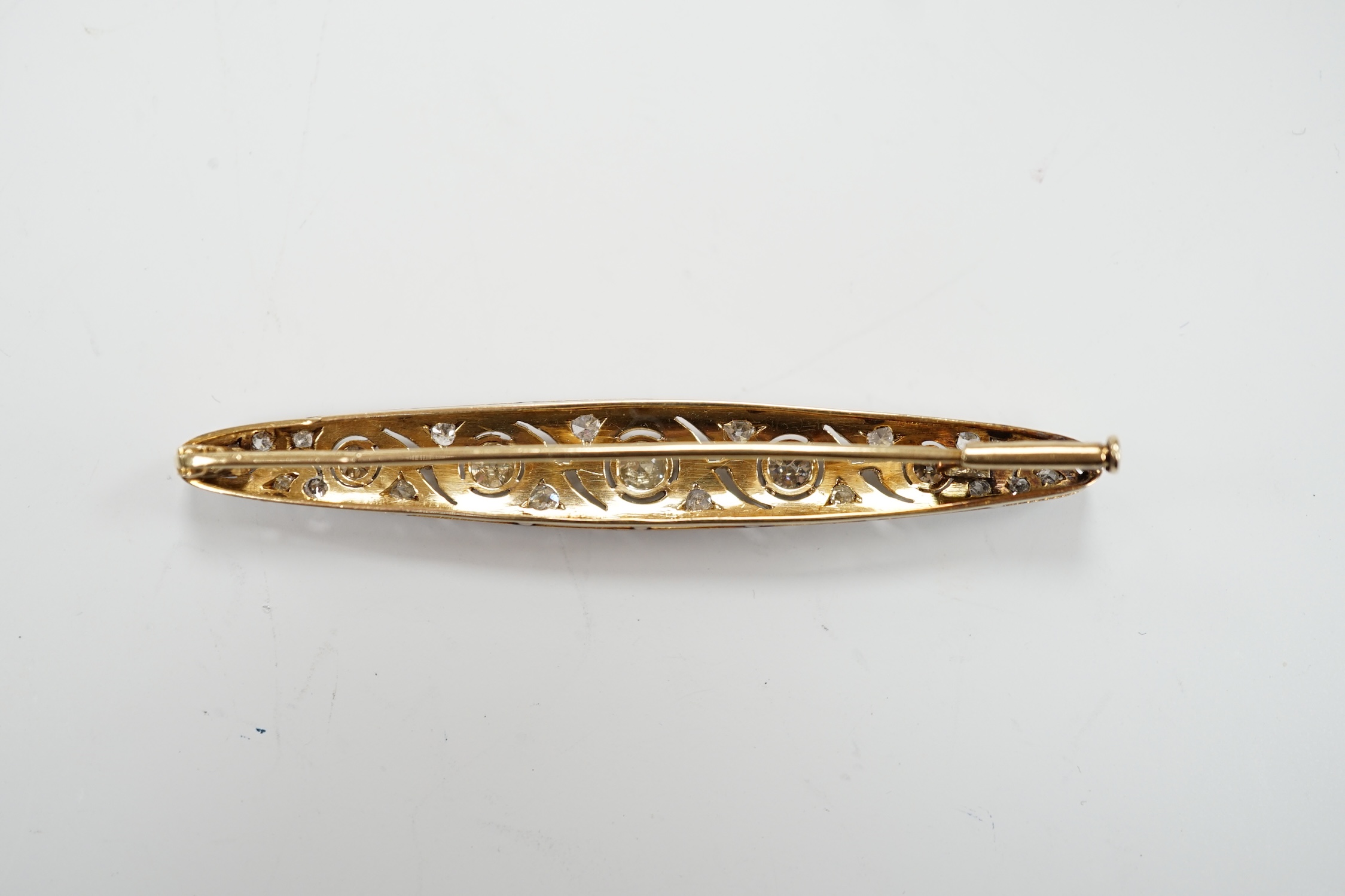 A Belle Epoque pierced white and yellow metal, diamond cluster set navette shaped bar brooch, - Image 4 of 4