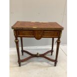 A Louis XVI style gilt metal mounted and marquetry inlaid folding card table, width 77cm, depth