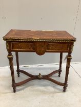 A Louis XVI style gilt metal mounted and marquetry inlaid folding card table, width 77cm, depth