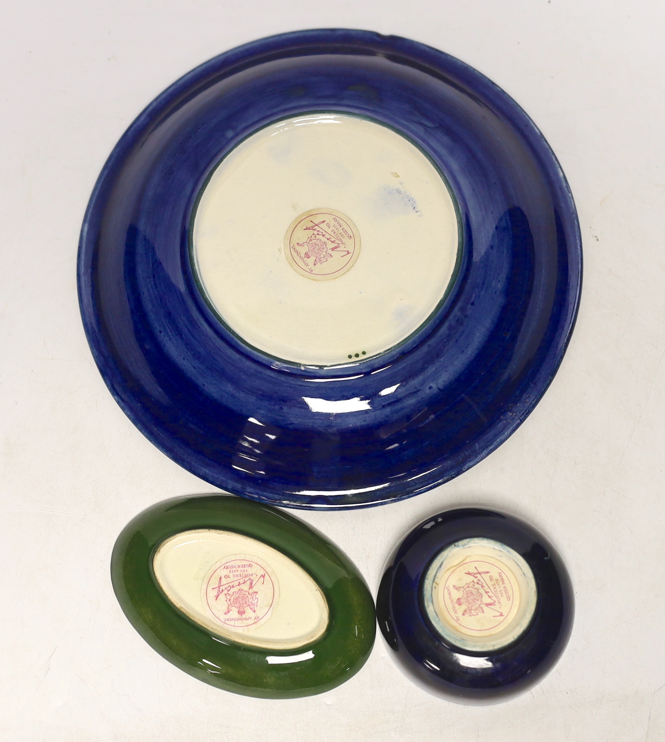 A Moorcroft Pansy plate, pin dish and a small bowl, 22cm in diameter - Image 3 of 3