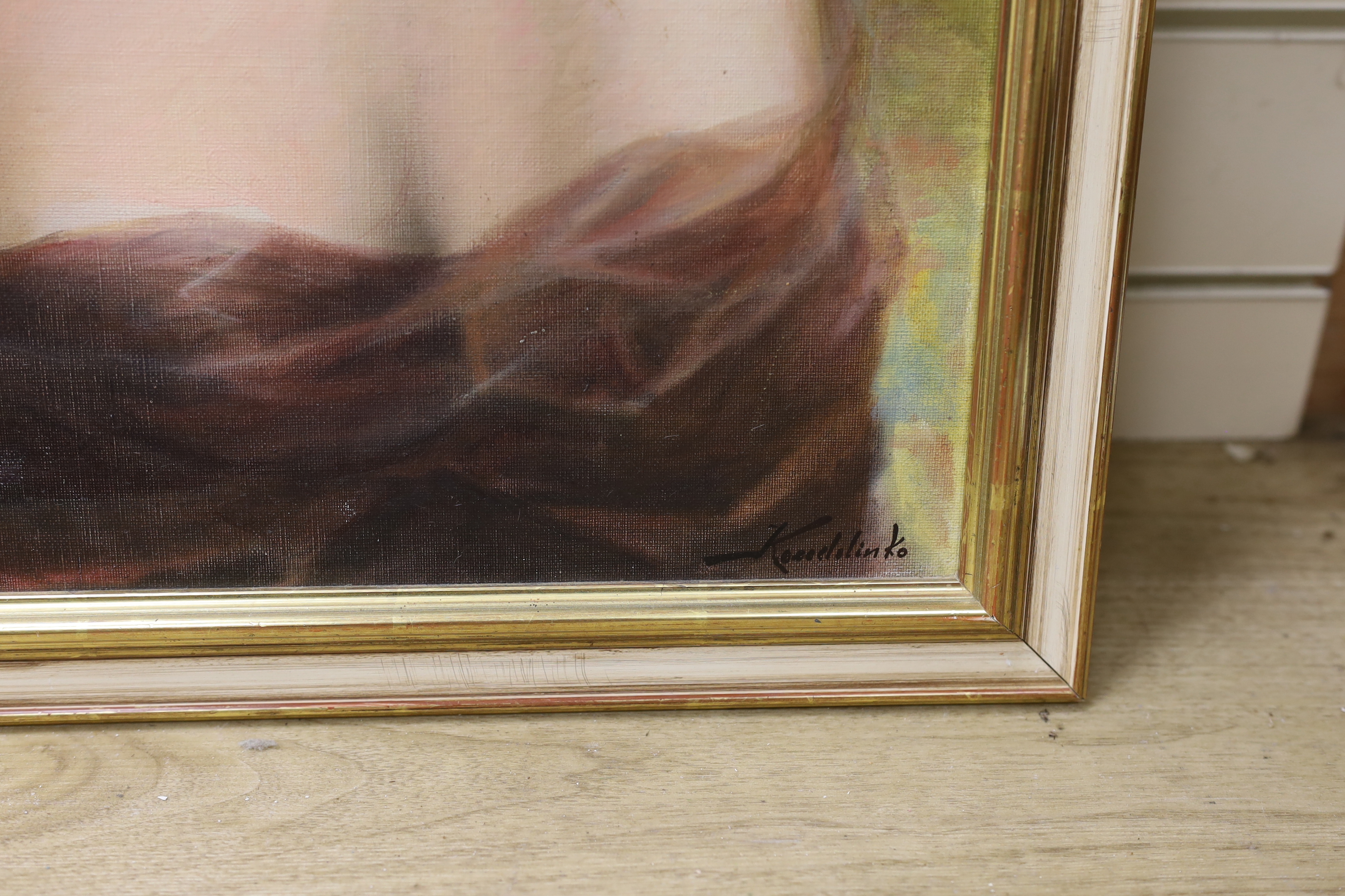 Kondelinko, oil on canvas, Portrait of a lady wearing a pearl necklace, signed, 59 x 48cm - Image 3 of 3