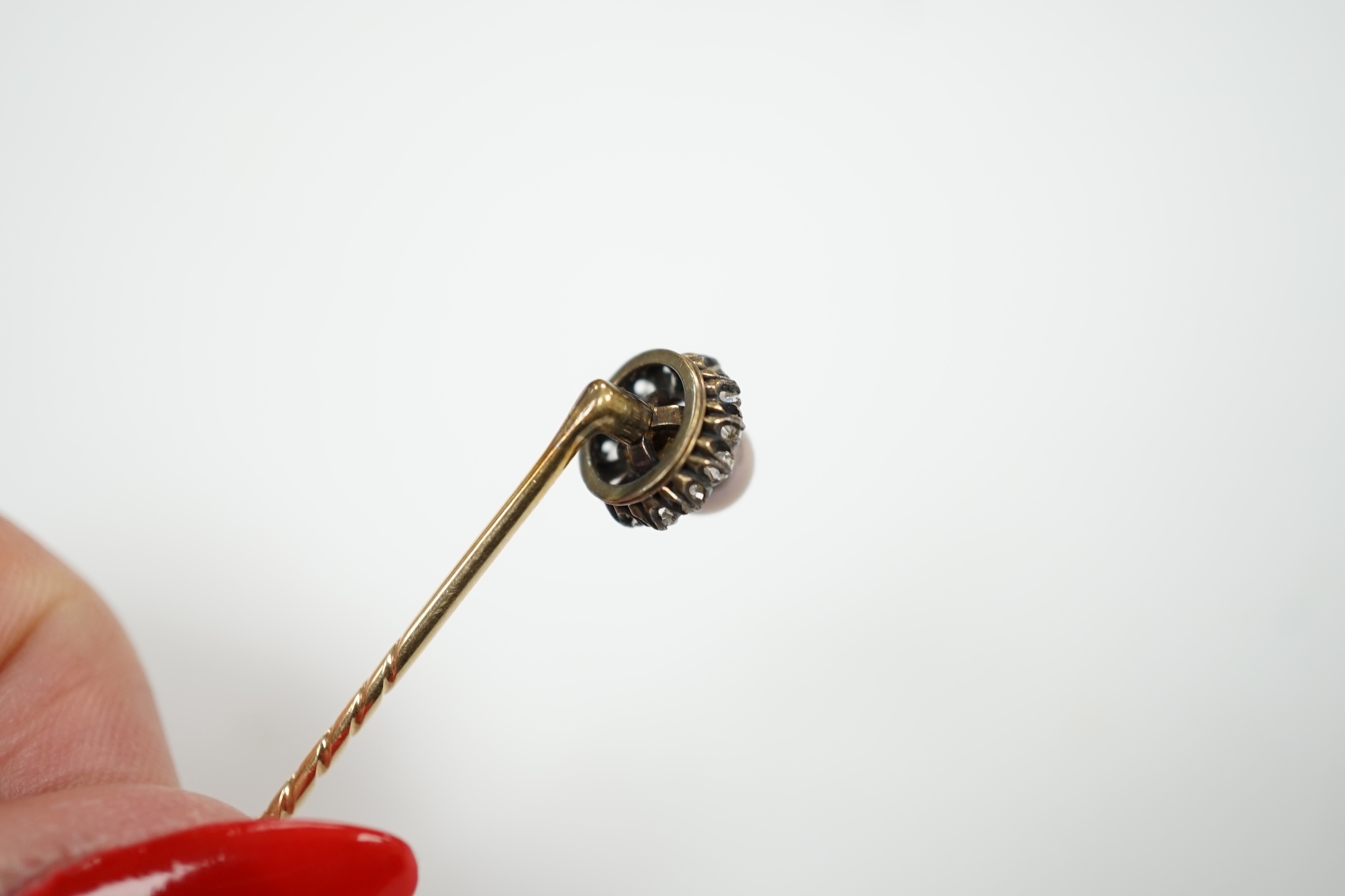 An early 20th century yellow metal, cultured pearl and old cut diamond cluster set stick pin, - Image 5 of 5