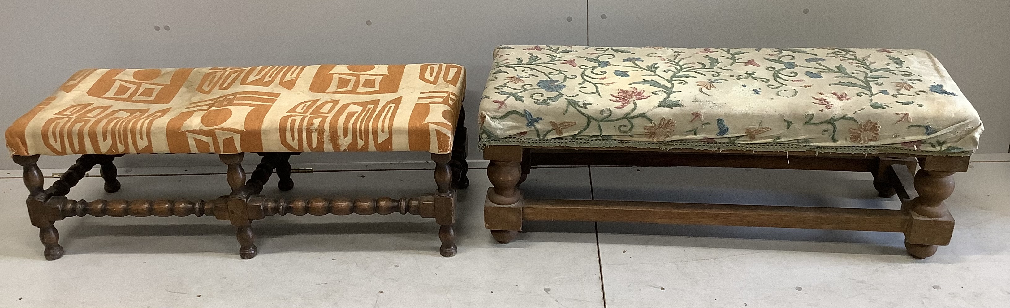 A Queen Anne revival walnut duet piano stool, with hinged box seat, width 93cm, depth 39cm, height