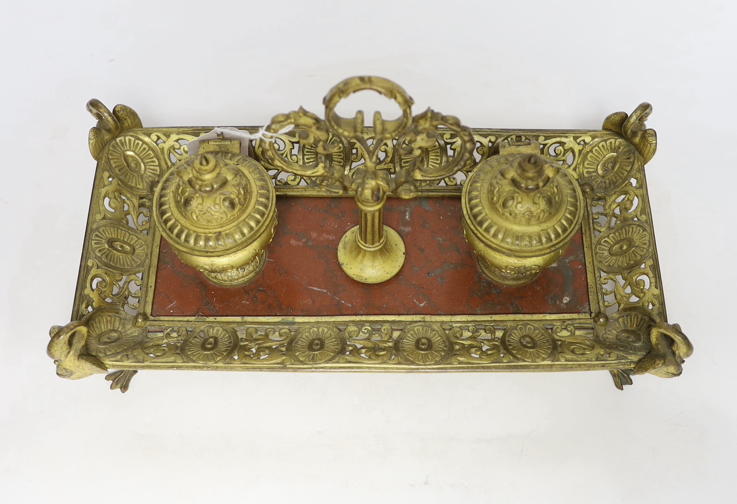 An ormolu inkstand with rouge marble base raised on four feet in the form of swans, 36cm wide - Image 2 of 3