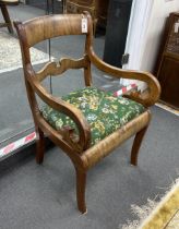 A 19th century Dutch elm and mahogany elbow chair, width 57cm, depth 50cm, height 88cm