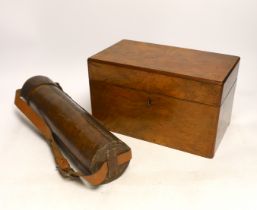 A Victorian walnut tea caddy and 19th century leather cased three draw telescope, signed Silberrad