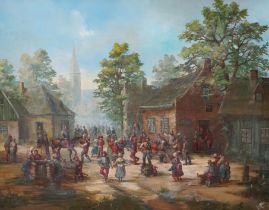 Dutch School, oil on board, Town scene with figures dancing, indistinctly monogrammed, 39 x 49cm