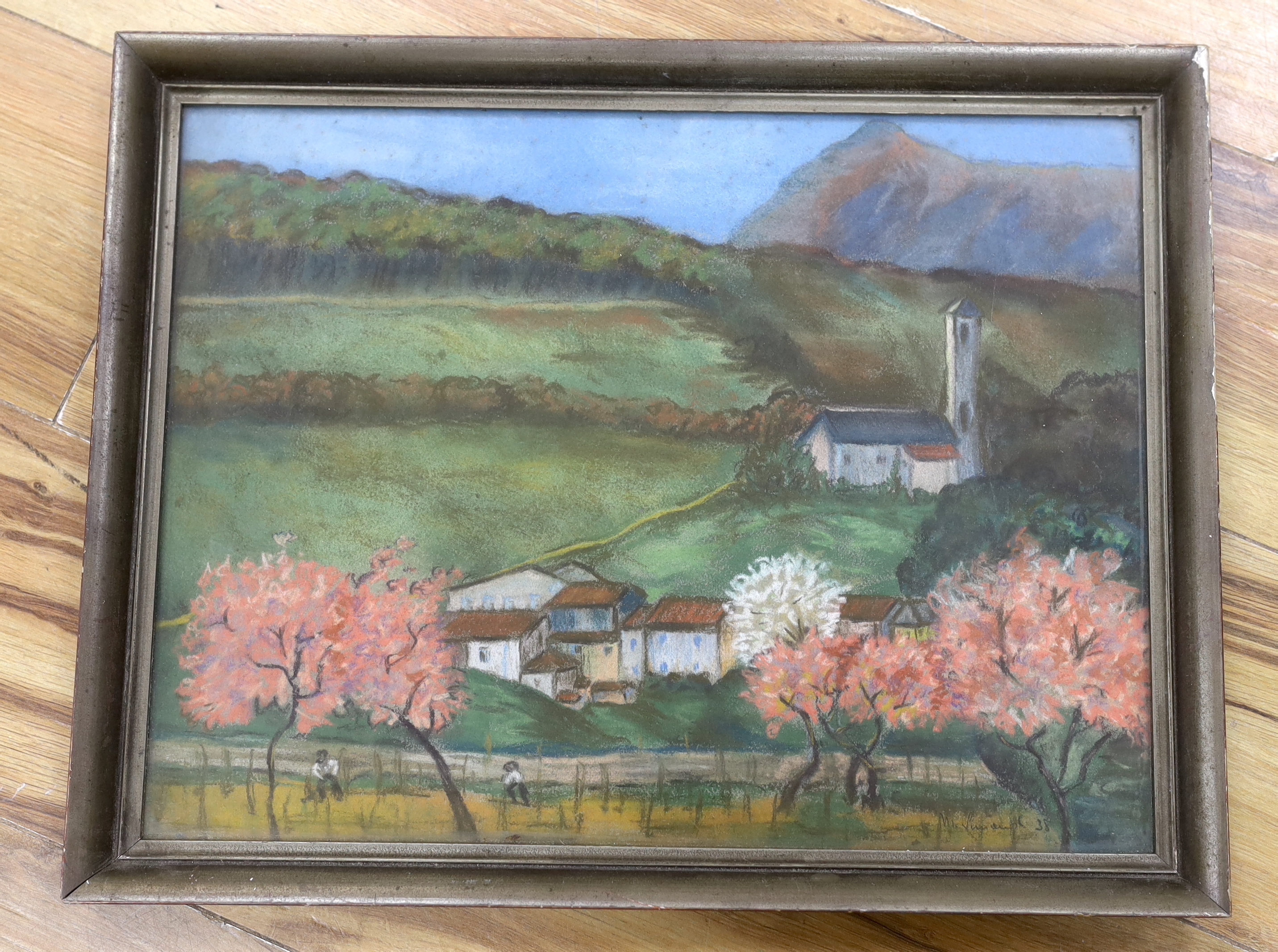 Vincenot, pastel, Continental mountainous landscape, signed and dated '38, 32 x 42cm - Image 2 of 3