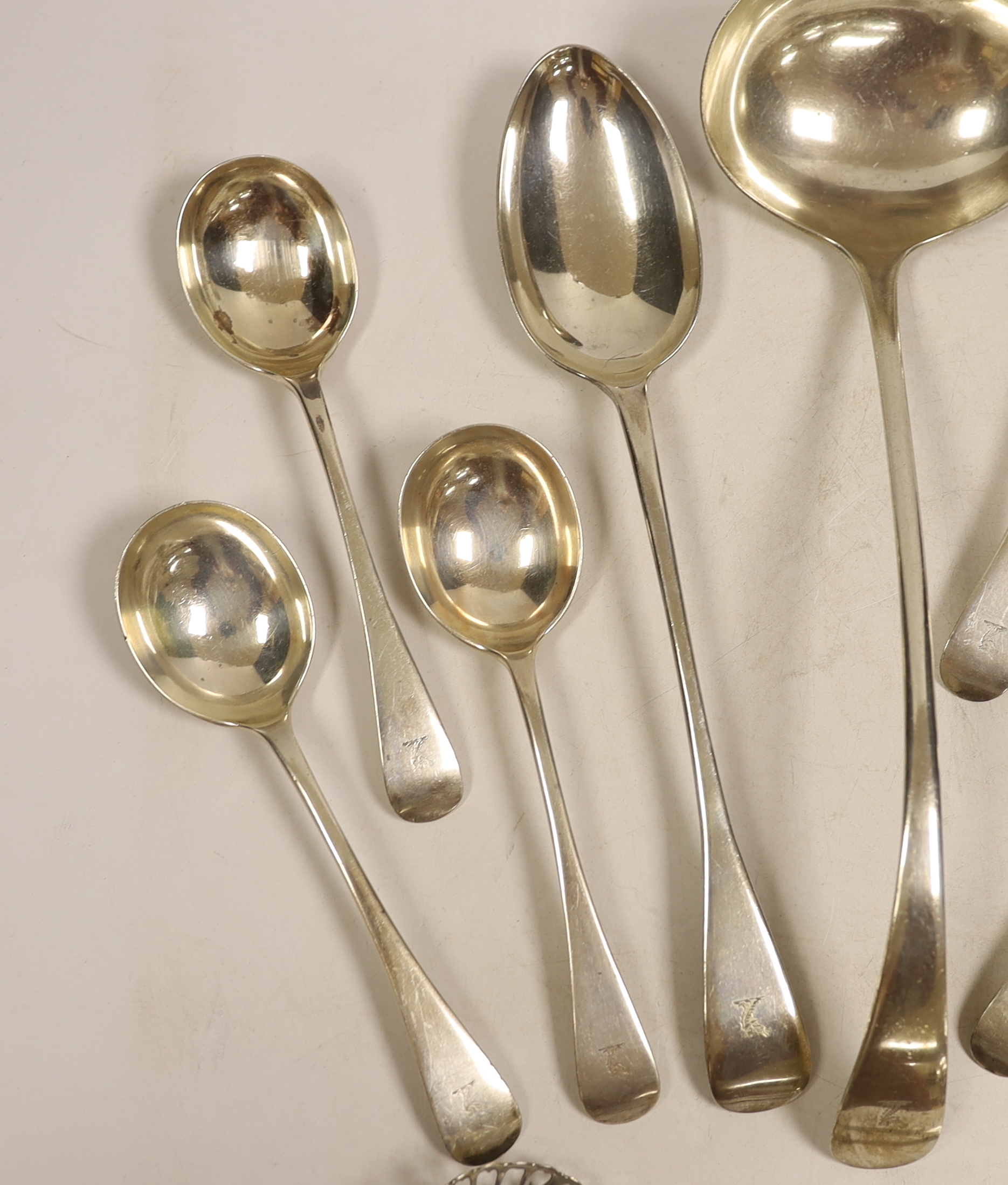 A George V silver Old English pattern soup ladle, basting spoon and set of six soup spoons, John - Image 2 of 6