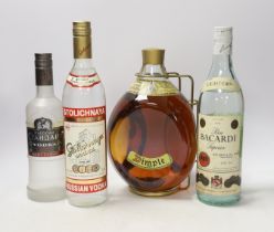 Four bottles of spirits including a gallon of Dimple, Bacardi Superior, Russian standard and