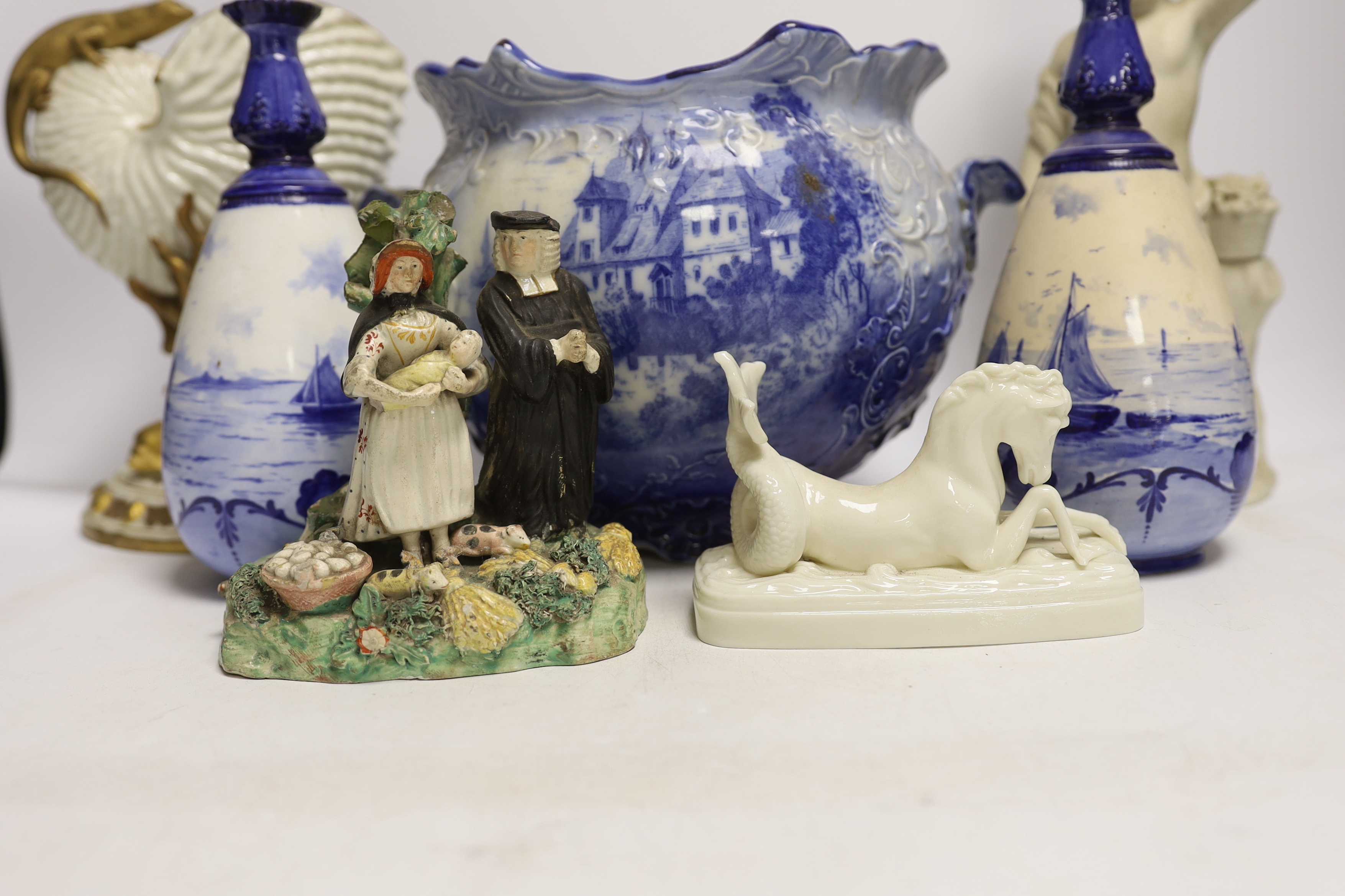 A 19th century Staffordshire Tithe Pig group, a pair of Royal Crown Derby blue and white vases, a - Image 2 of 6