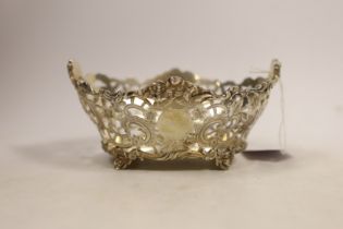 A George V pierced silver sweetmeat bowl, Charles Stuart Harris & Sons, London, 1913, length 15.3cm,