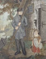 A late Georgian woolwork on silk picture depicting a fisherman and girl, 38x31cm excluding frame