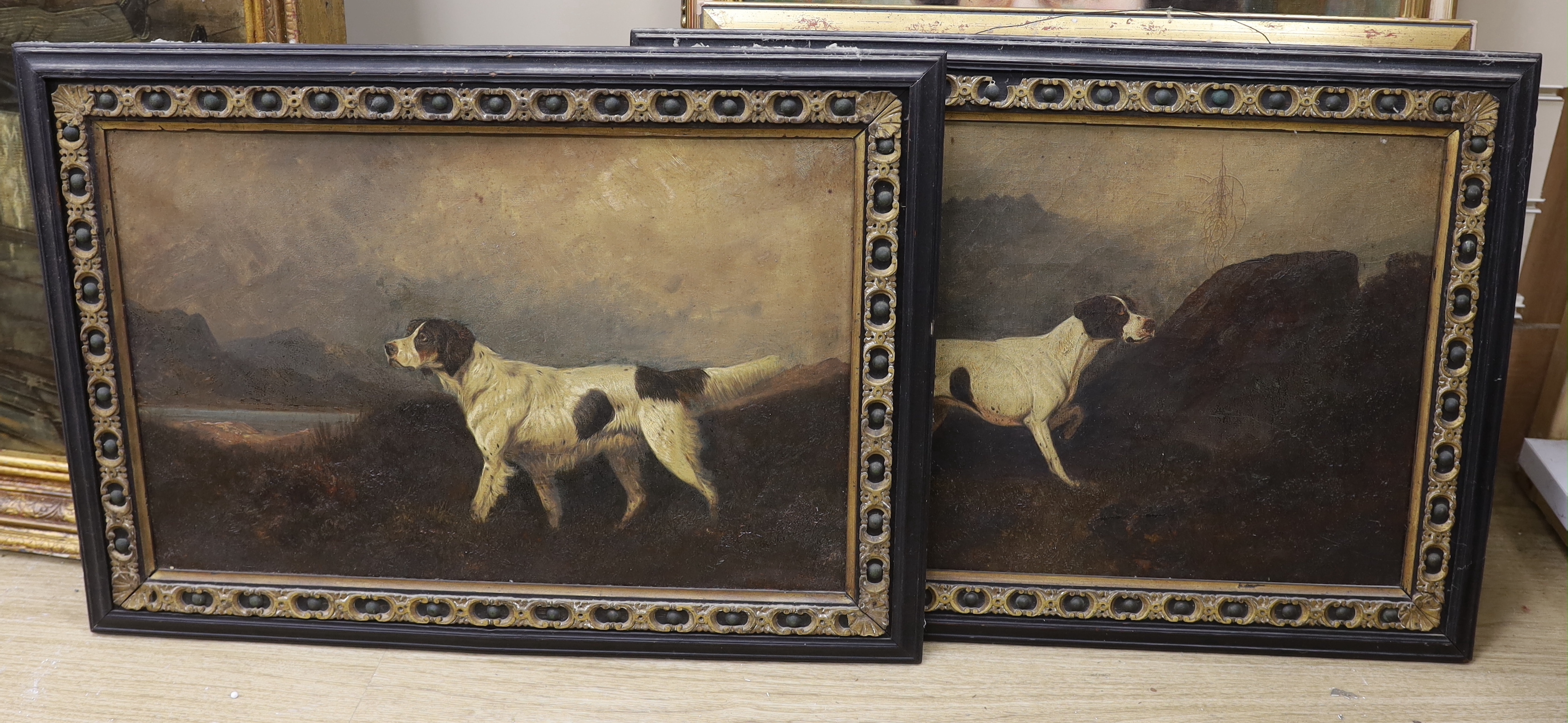 19th century English School, pair of oils on canvas, Gundogs before landscapes, unsigned, 34 x 51cm,