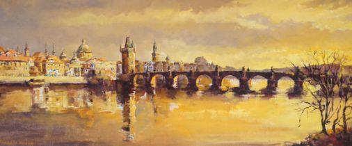 Pardesi Benoni, oil on canvas board, View of Prague, signed, 21 x 49cm